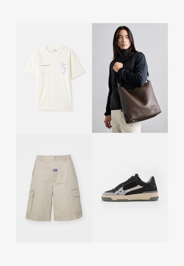 Hvid bomulds t-shirt med korte ærmer, prydet med teksten "United By Rhythm" i sort og blå grafik på brystet. Rund halsdesign.; MISBHV PERFECT - Shorts - beige; Sko med sorte og grå paneler, tekstureret mesh, glat læder og en cremet gummisål med et minimalistisk design.; Brun læder skuldertaske med et afslappet design, tekstureret overflade, sølvfarvede metaldetaljer og side-nitter, som bæres med en aftagelig skulderrem.