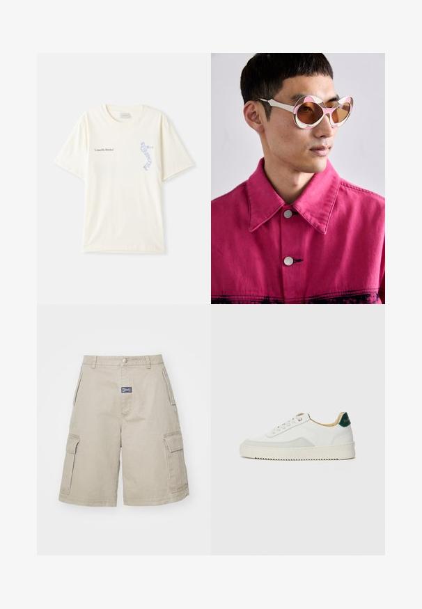 Balts kokvilnas T-krekls ar īsām piedurknēm, ar melnu un zilu grafiku "United By Rhythm" uz krūtīm. Apaļš kakla izgriezums.; MISBHV PERFECT - Šorti - beige; Baltas sneakers ar zamša akcentiem, noapaļota purngala, plakaniem auklām un krēmkrāsas gumijas zoli. Ar zaļu zīmolu uz papēža.; Baltas un rozā pārspīlētas saulesbrilles ar izliekto rāmīti, kurām ir brūnas tonētas lēcas. Modelis valkā rozā džinsu jaku ar apkakli.