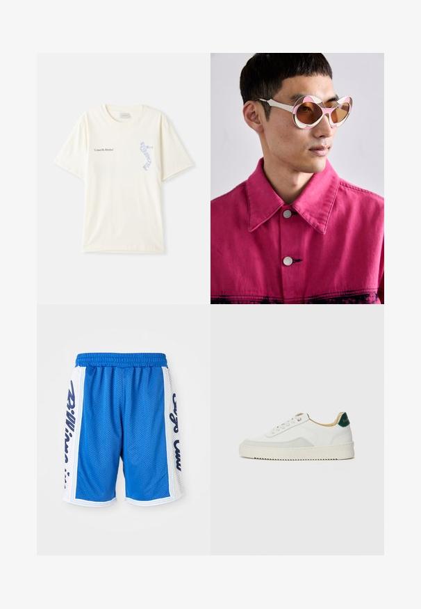 Valkoinen puuvillainen t-paita lyhyillä hihoilla, jossa on "United By Rhythm" -teksti mustana ja sinisenä grafiikkana rinnassa. Pyöreä kaulus.; Siniset verkkokankaiset urheilushortsit, joissa on joustava vyötärönauha, valkoiset sivupaneelit ja mustat kirjontadetaljit molemmin puolin.; Valkoiset tennarit, joissa on nahkaosia, pyöreä kärki, tasaiset nauhat ja kermaisa kumi-pohja. Takana vihreä brändäys.; Valkoiset ja vaaleanpunaiset ylisuuret aurinkolasit, joissa on kaareva kehys ja ruskeat sävytetyt linssit. Mallilla on päällään vaaleanpunainen farkkutakki, jossa on kaulus.