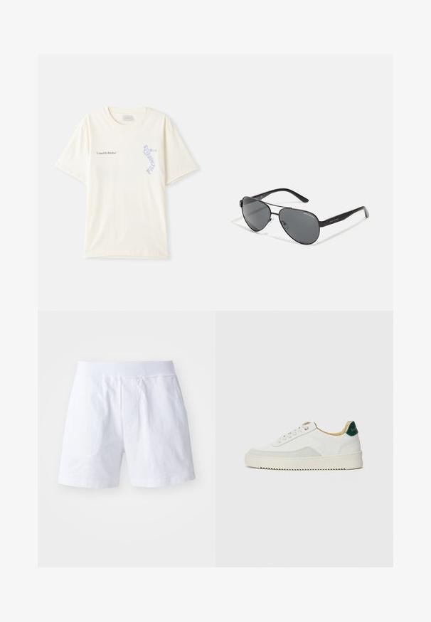 T-shirt bianca in cotone con maniche corte, con la scritta "United By Rhythm" in grafica nera e blu sul petto. Design con collo rotondo.; Shorts bianchi in cotone con vita elasticizzata, due tasche laterali e una vestibilità morbida. Tessuto liscio senza modelli o dettagli visibili.; Sneaker bianco con accenti in camoscio, punta rotonda, lacci piatti e suola in gomma crema. Presenta un marchio verde sul tallone.; Occhiali da sole aviator neri con lenti scure, sottile montatura in metallo e bracci in plastica snodati con accenti del logo.