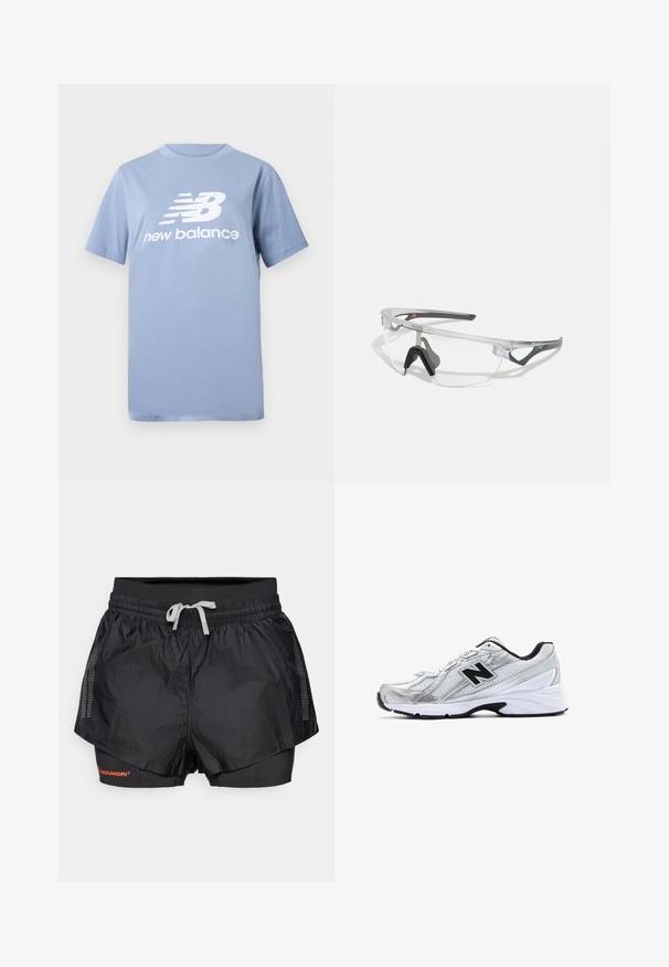 Helles blaues Baumwoll-T-Shirt mit kurzen Ärmeln und Rundhalsausschnitt, mit einem großen weißen New Balance-Logo auf der Vorderseite.; Schwarze Sportshorts mit einer strukturierten Außenschicht, Netzpaneelen und einer inneren, enganliegenden Schicht. Sie verfügen über einen elastischen Bund mit Kordelzug.; Silberner Sportschuh aus Mesh-Material, mit schwarzen Akzenten, durchbrochenem Design und einer gepolsterten weißen Sohle. Mit einem auffälligen 'N'-Logo.; Klare Schutzbrille mit einem leichten, transparenten Rahmen und grauen Akzenten. Verfügt über ein umschließendes Design und ein verstellbares Nasenstück.