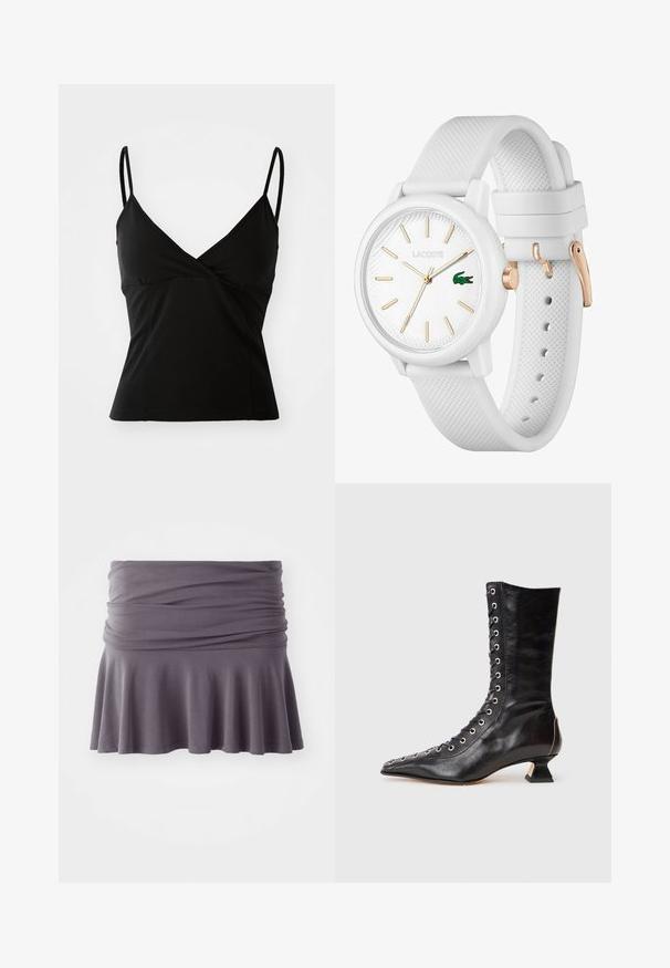 Camisole noire à fines bretelles, design en V, forme ajustée et texture de tissu lisse, offrant un style classique et polyvalent.; Jupe grise, à mi-mollet, en tissu doux avec une taille froncée et un ourlet évasé. Elle présente une texture lisse et un design simple.; Bottine noire en cuir avec un bout pointu, laçage à l'avant, œillets en métal, petit talon block et un design épuré. Texture lisse, silhouette moderne.; Montre en silicone blanc avec un bracelet texturé, dotée d'un cadran rond, de marqueurs dorés et d'un logo Lacoste en vert.