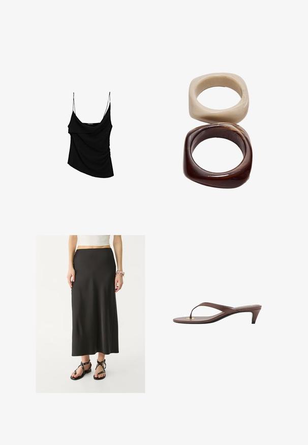 Czarna koszulka na ramiączkach z cienkimi regulowanymi paskami, z drapowanym przodem i marszczonym boku, wykonana z lekkiego materiału.; Czarna spódnica do ziemi wykonana z gładkiego materiału, z dopasowaną talią. Noszona z czarnymi sandałami na paski z metalowymi akcentami.; Brązowe sandały na obcasie w stylu klapek z wąskim paskiem i zaokrąglonym palcem, z małym złotym akcentem na wkładce.; Stradivarius SET ciemnobrązowy