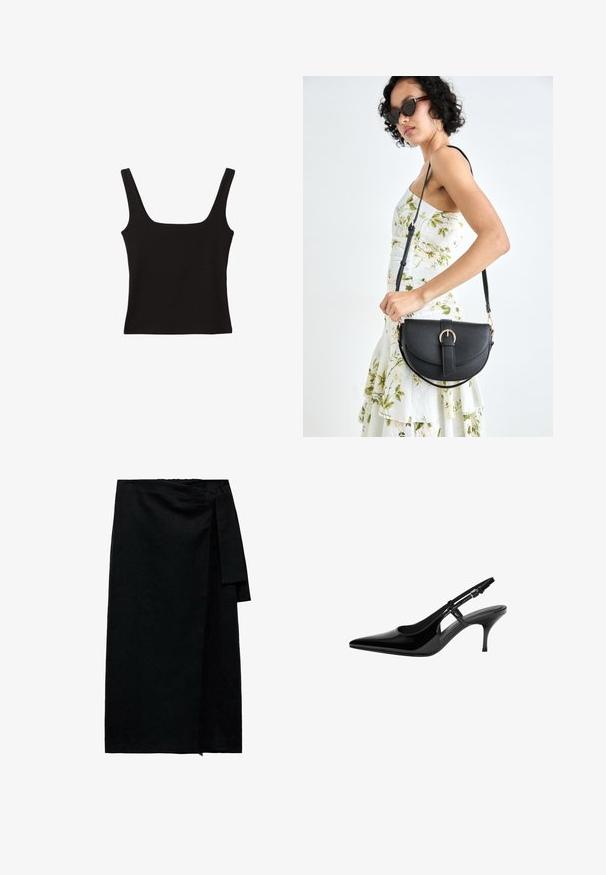 Czarny top na ram straps z kwadratowym dekoltem, wykonany z gładkiej bawełny, z grubymi ramiączkami i dopasowanym krojem.; Czarna spódnica typu wrap z teksturowanej tkaniny, z zapięciem na boczny sznurek, prostym kroju i wykończonym dołem z delikatnym strzępieniem.; Czarne lakierowane pantofle typu slingback z wydłużonym noskiem, otwartymi bocznymi wycięciami, smukłym obcasem i regulowanym zapięciem na kostkę.; Czarna skórzana torebka o zakrzywionym kształcie, z odpinanym paskiem i złotymi akcentami. Torebka posiada klapę z zapięciem w kształcie klamry.