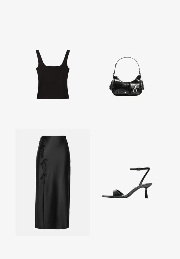Schwarzes Tanktop mit quadratischem Ausschnitt, aus glattem Baumwollstoff, mit breiten Trägern und figurbetontem Schnitt.; Anna Field MIDI SKIRT - Bleistiftrock - black; Bershka High Heel Sandalette - black; Schwarze Lackleder-Handtasche mit geschwungenem Design, einem Schulterriemen, Vordertaschen und silberfarbenen Hardware-Akzenten.