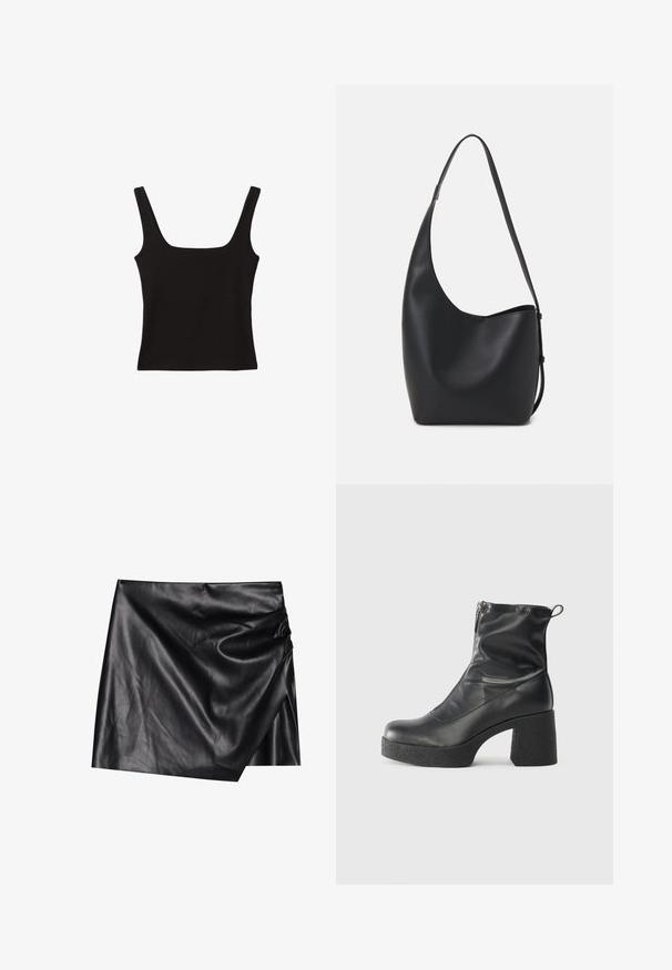 Top nero senza maniche con scollatura quadrata, realizzato in morbido tessuto di cotone, con spalline larghe e una silhouette aderente.; Mini gonna nera in pelle con design avvolgente, caratterizzata da una texture morbida e liscia e dettagli di drappeggio discreti su un lato.; Stivali neri alla caviglia in pelle liscia, con zip laterale, tacco spesso e texture, e punta arrotondata.; Borsa hobo nera in pelle con una superficie liscia, forma curvata e una singola tracolla regolabile; presenta un'ampia apertura nella parte superiore.