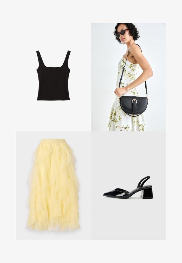 Czarny top na ram straps z kwadratowym dekoltem, wykonany z gładkiej bawełny, z grubymi ramiączkami i dopasowanym krojem.; Żółta spódnica warstwowa z przezroczystego tiulu, charakteryzująca się rozkloszowanym krojem z nakładającymi się falbanami oraz elastycznym pasem.; Czarne lakierowane półbuty na obcasie z wydłużonym noskiem i geometrycznym słupkiem. Charakteryzują się eleganckim, minimalistycznym designem oraz gładką fakturą.; Czarna skórzana torebka o zakrzywionym kształcie, z odpinanym paskiem i złotymi akcentami. Torebka posiada klapę z zapięciem w kształcie klamry.