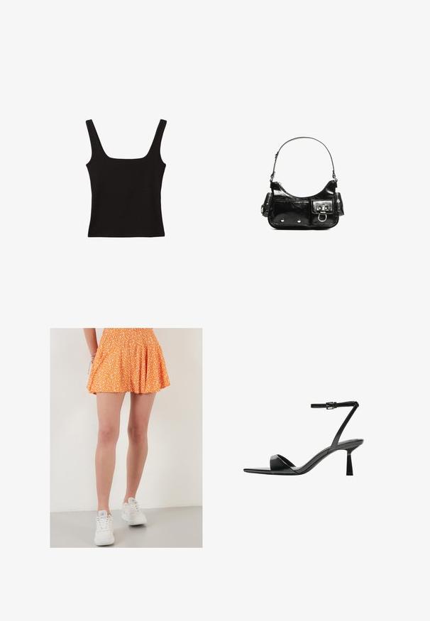 Čierny tielko s obdĺžnikovým výstrihom, vyrobené z hladkej bavlnenej látky, s hrubými ramienkami a priliehavým strihom.; Oranžová kvetinová sukňa so zúženým pásom, plisé dizajn, dĺžka po kolená, v kombinácii s bielymi teniskami. Elegantná textúrovaná látka a hravý vzor.; Bershka Sandále na vysokom opätku - black; Čierna laková kožená kabelka s ohnutým tvarom, jedným ramenným popruhom, prednými vreckami a striebornými kovovými doplnkami.