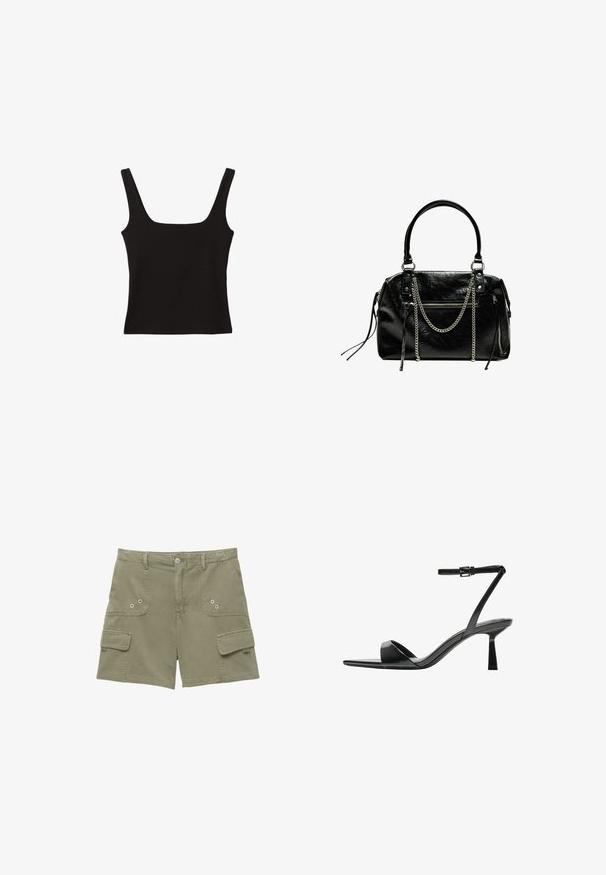 Schwarzes Tanktop mit quadratischem Ausschnitt, aus glattem Baumwollstoff, mit breiten Trägern und figurbetontem Schnitt.; Cargo-Shorts aus olivgrünem Baumwollstoff mit zwei vorderen Taschen, einer Seitentasche und Metallknopfverschluss. Glatte Textur und taillierte Passform.; Bershka High Heel Sandalette - black; Bershka WITH CHAIN - Handtasche - black