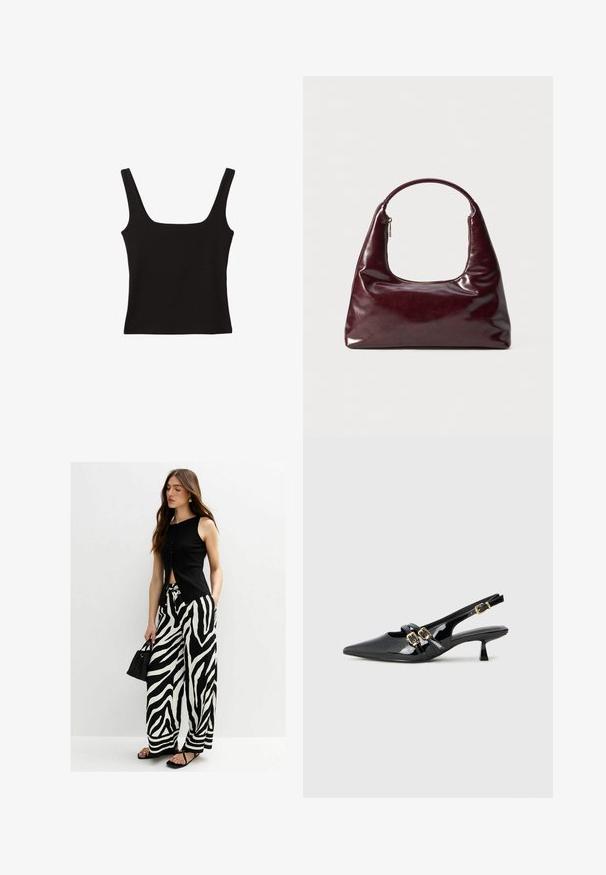 Top noir sans manches avec un décolleté carré, fabriqué en coton lisse, doté de bretelles épaisses et d'une silhouette ajustée.; Haut noir sans manches avec des boutons sur le devant, associé à un pantalon large à rayures zèbre noir et blanc ; mannequin tenant un petit sac noir.; Talons slingback en cuir verni noir avec un bout pointu, deux brides comprenant des boucles dorées, et un petit talon kitten. Texture lisse.; Sac à main en cuir bordeaux avec une finition brillante, une poignée arrondie et une ouverture supérieure zippée ; présente un design épuré et minimaliste.