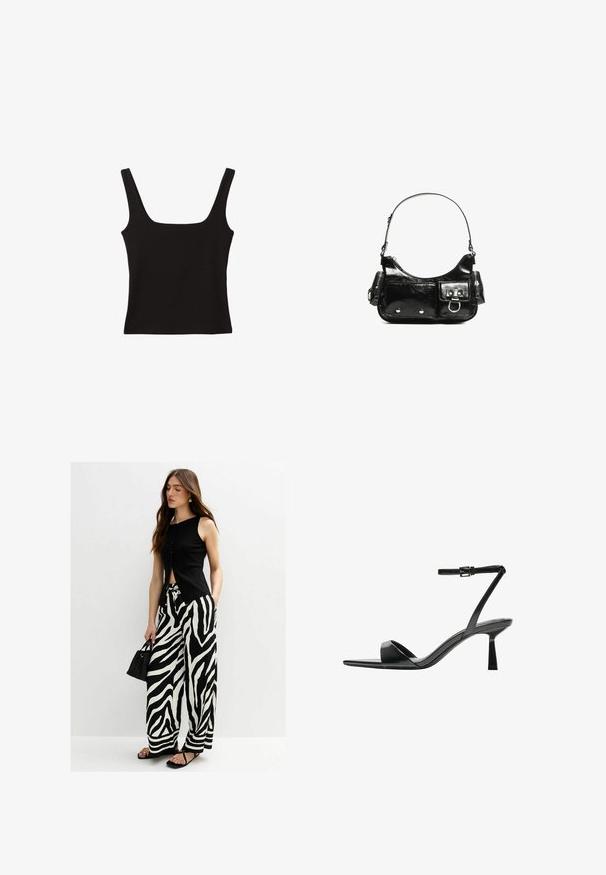 Schwarzes Tanktop mit quadratischem Ausschnitt, aus glattem Baumwollstoff, mit breiten Trägern und figurbetontem Schnitt.; Schwarzes ärmelloses Top mit vorderen Knöpfen, kombiniert mit weit geschnittenen Hosen in Schwarz-Weiß mit Zebra-Streifen; Modell hält eine kleine schwarze Tasche.; Bershka High Heel Sandalette - black; Schwarze Lackleder-Handtasche mit geschwungenem Design, einem Schulterriemen, Vordertaschen und silberfarbenen Hardware-Akzenten.