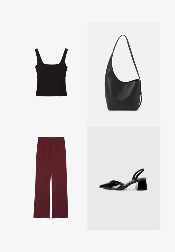 Sort tanktop med firkantet udskæring, lavet af glat bomuldsstof, med brede stropper og en tætsiddende silhuet.; Bordeauxbukser med bred ben-design, der har en knaplukning, to sidelommer og plissee detaljer foran. Glat stofstruktur.; Sorte patentlæder slingback hæle med spids tå og en geometrisk blok hæl. Har et elegant, minimalistisk design og en glat tekstur.; Sort læder hobo taske med en glat overflade, buet form og en enkelt justerbar rem; har en bred åbning øverst.
