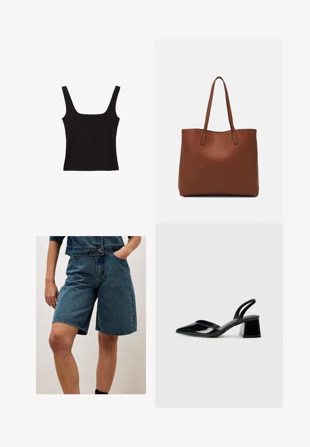Top nero senza maniche con scollatura quadrata, realizzato in morbido tessuto di cotone, con spalline larghe e una silhouette aderente.; Apricot BERMUDA - Shorts di jeans - blue; Décolleté in vernice nera con punta affusolata e tacco in geometria cubica. Presentano un design elegante e minimalista, con una texture liscia.; Borsa tote in pelle marrone con texture liscia, design con apertura superiore e due spallacci. Presenta cuciture minime e nessun hardware visibile.