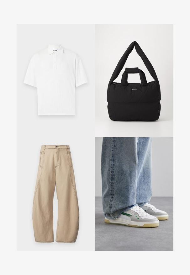 Bílá polokošile s krátkým rukávem a límečkem, se strukturou s ribrováním a čtyřmi knoflíčky na zapínání. Čistý, jednoduchý design.; Henrik Vibskov SHADE PANTS - Džíny Relaxed Fit - tan; Bílé a šedé tenisky s modrými akcenty, s vrchní částí z síťoviny a gumovou podrážkou, které jsou kombinovány s modrými džíny s třepenými okraji.; Černá polstrovaná taška s širokým, měkkým ramenním popruhem a horním držadlem. Má zipové uzavření a decentní logo na přední straně.