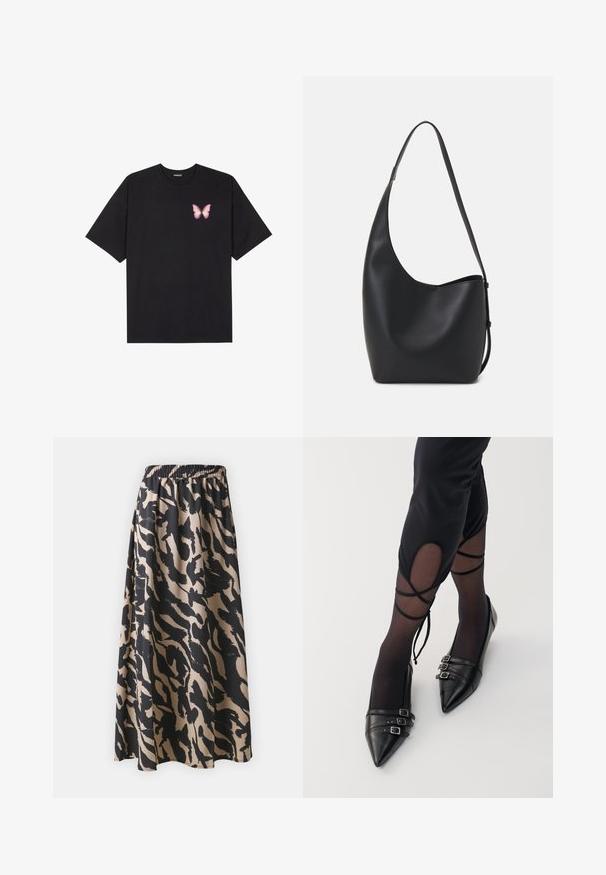 Juodas medvilnės marškinėliai trumpomis rankovėmis, su maža rožine drugelio grafika kairėje krūtinės pusėje. Apvalus kaklo iškirpimas, laisvas kirpimas.; Juodas ir bežinis ilgas sijonas su elastinga juosta, turintis abstraktų gyvūnų raštą ir laisvą siluetą.; Juodi šonuoti balerinos tipo bateliai, pagaminti iš odos, su trimis metaliniais sagtimis ir lygiu paviršiumi, dėvimi su permatomomis juodomis kojinėmis.; Juodas odinis hobo maišas su lygiu paviršiumi, kreipta forma ir viena reguliuojama rankena; turi platų atidarymą viršuje.