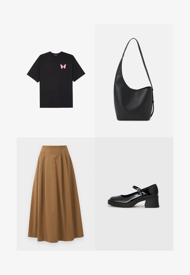 T-shirt nera in cotone con maniche corte, caratterizzata da una piccola grafica di una farfalla rosa sul lato sinistro del petto. Design a girocollo con una vestibilità rilassata.; Gonna A-line in cotone marrone con vita alta, caratterizzata da pince sulla parte anteriore e una texture liscia. Le finiture dell'orlo sono pulite e semplici.; Scarpa Mary Jane in vernice nera con punta arrotondata, cinturino regolabile e tacco quadrato chunky. Presenta una suola testurizzata.; Borsa hobo nera in pelle con una superficie liscia, forma curvata e una singola tracolla regolabile; presenta un'ampia apertura nella parte superiore.
