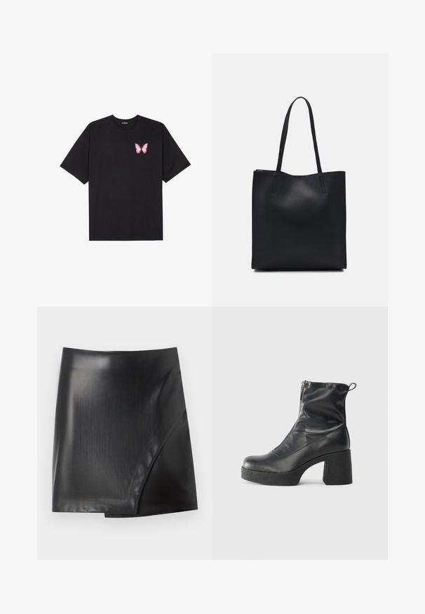 Fekete pamut póló rövid ujjakkal, bal mellkason egy kis rózsaszín pillangó grafikával. Kerek nyakú kialakítás, laza fazonnal.; Fekete műbőr mini szoknya sima, fényes felülettel, ferde hullámvonalú dizájnnal és tiszta élekkel. Az anyag egységesen sima.; Fekete bokacsizmák sima bőrből, oldalsó cipzárral, vastag, texturált sarkú és lekerekített orrú dizájnnal.; Fekete bőrtáska sima felszínnel, téglalap alakú, két hosszú füllel. Nincs látható fémkiegészítő vagy díszítés.
