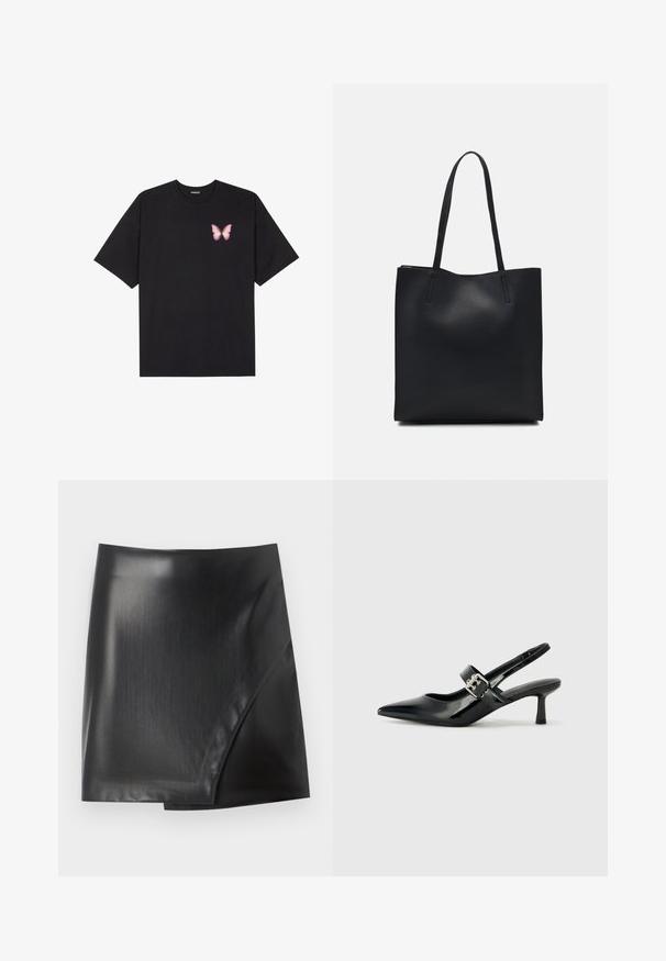 Čierne bavlnené tričko s krátkymi rukávmi, s malým ružovým motýlikom na ľavej hrudi. Design s okrúhlym výstrihom a uvoľneným strihom.; Čierna mini sukňa z faux kože s hladkým, lesklým povrchom, s diagonálnym prekrývaním a čistými okrajmi. Hladká textúra po celom povrchu.; Čierne patentové kožené sandále na podpätku so špicatou špičkou a malým blokovým podpätkom, s dekoratívnou striebornou sponou na remienku.; Čierna kožená taška na rameno s hladkým povrchom, obdĺžnikovým tvarom a dvoma dlhými uchami. Bez viditeľného kovania alebo ozdôb.