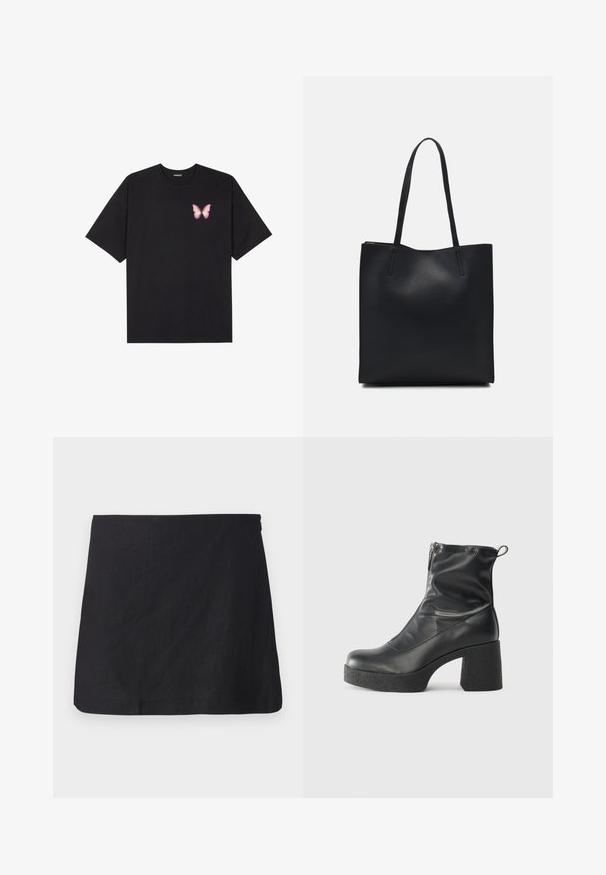 Must muströöpidega must puuvillane T-särk, vasakul rinnal on väike roosa liblikas. Ümar kaelus ja vabalt istuv lõige.; Mustmust mustrihmade mustreebboka, tõmbejõul, selge serva ja peene tekstuuriga. Omab külgsete lukke sulgemiseks.; Mustad mustad ansapüksid, mis on valmistatud siledast nahast, külje zipperiga, paksu tekstuuriga kontsaga ja ümmarguse nina disainiga.; Mustast nahast kott sujuva tekstuuriga, ristkülikukujuline ja kahe pika sangaga. Pole nähtavat riistvara ega kaunistusi.