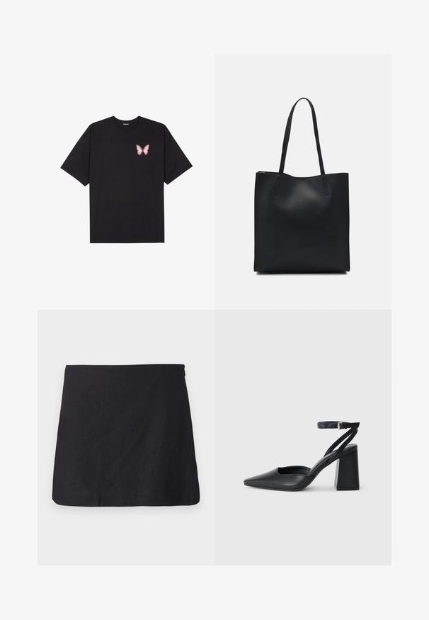 T-shirt en coton noir à manches courtes, avec un petit graphique de papillon rose sur la poitrine gauche. Modèle à col rond avec une coupe décontractée.; Jupe mini en lin noir avec une coupe droite, une ligne d'ourlet nette et une texture subtile. Elle dispose d'une fermeture éclair sur le côté.; Escarpin noir en cuir à bout pointu avec une bride de cheville et un talon épais. Texture lisse, design élégant et esthétique minimaliste.; Sac fourre-tout en cuir noir avec une texture lisse, de forme rectangulaire et deux longues poignées. Pas de matériel ou d'ornementations visibles.