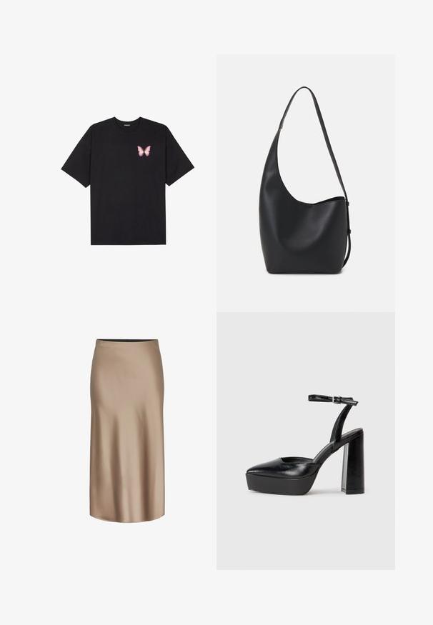 Crna pamučna majica s kratkim rukavima, s malim grafičkim prikazom ružičaste vjetricaste s desne strane na prsima. Dizajn s okruglim izrezom i opuštenim krojem.; Smeđa saten midi suknja s glatkom teksturom, ravnim siluetom i elastičnom stražnjom manjom pojasu za udobnost. Nema vidljivih uzoraka ili akcenta.; Crne platforme s potpeticom s oštrim vrhom i podešivom naramenicom. Izrađene od glatke kože, s masivnom blok petom.; Crna kožna hobo torba s glatkom teksturom, zakrivljenim oblikom i jednom podesivom trakicom; ima širok otvor na vrhu.