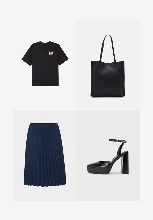 Melna kokvilnas T-krekls ar īsām piedurknēm, kuram priekšā kreisajā pusē ir neliels rozā tauriņa grafiskais attēls. Ar apaļu kaklu un brīvā stila piegriezumu.; Tommy Hilfiger Curve FLUID PLEATED MIDI SKIRT - Plisēti svārki - dark night navy; Melnas platformas papēžs ar norādītu purngala formu un regulējamu potītes siksniņu. Izgatavotas no gludas ādas, ar masīvu bloku papēdi.; Melnas ādas somiņa ar gludu tekstūru, taisnstūra formu un divām garām rokturiem. Nav redzamu aparatūras vai rotājumu.