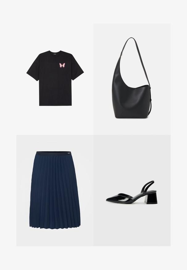 Fekete pamut póló rövid ujjakkal, bal mellkason egy kis rózsaszín pillangó grafikával. Kerek nyakú kialakítás, laza fazonnal.; Tommy Hilfiger Curve FLUID PLEATED MIDI SKIRT - Rakott szoknya - dark night navy; Fekete lakk bőr szandálkés magas sarkú cipő, hegyes orral és geometrikus tömbsarkakkal. Karcsú, minimalista dizájn és sima textúra jellemzi.; Fekete bőr hobo táska sima textúrával, ívelt formával és egyetlen állítható pánttal; széles nyílás található a tetején.