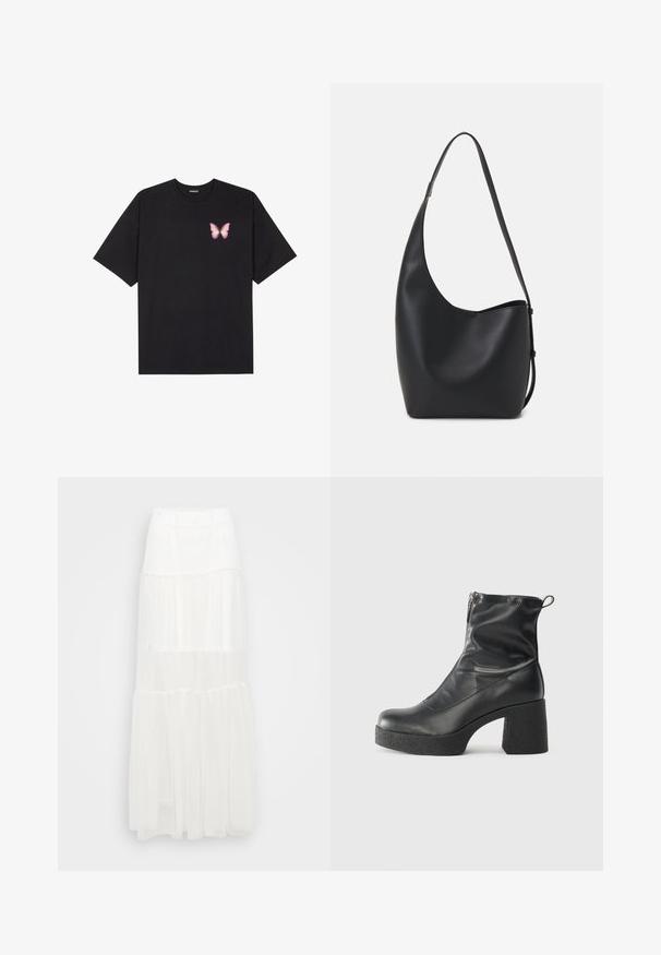 Must muströöpidega must puuvillane T-särk, vasakul rinnal on väike roosa liblikas. Ümar kaelus ja vabalt istuv lõige.; Valge mitme kihiga maxi seelik elastse vöökohtaga. Valmistatud kergest kangast, omab poolläbipaistvaid kihte ja voolavat disaini.; Mustad mustad ansapüksid, mis on valmistatud siledast nahast, külje zipperiga, paksu tekstuuriga kontsaga ja ümmarguse nina disainiga.; Mustast nahast hobo kott, millel on sile tekstuur, kumer kuju ja üks reguleeritav rihm; peal on lai avaus.