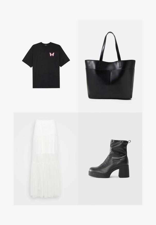 Black cotton t-shirt with short sleeves, featuring a small pink butterfly graphic on the left chest. Crew neck design with a relaxed fit.; White tiered maxi skirt with an elastic waistband. Made of lightweight fabric, features semi-sheer layers, and a flowing design.; Black ankle boots made of smooth leather, featuring a side zipper, chunky textured heel, and rounded toe design.; Black leather tote bag with two long handles, a smooth texture, and a structured shape. Features a front pocket for additional storage.