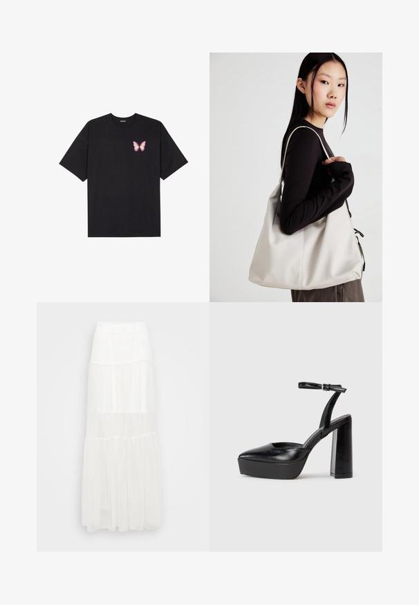 Svart bomulls T-skjorte med korte ermer, med en liten rosa sommerfugl grafikk på venstre bryst. Crew-neck design med en avslappet passform.; Hvit lagdelt maxiskjørt med elastisk midje. Laget av lett stoff, har halvgjennomsiktige lag og en flytende design.; Sorte plattformhelter med spiss tå og justerbar ankelrem. Laget av glatt lær, med en robust blokkhel.; Beige håndveske laget av mykt materiale, med en slapp design, sydd detaljer og to skulderstropper. Passer for daglig bruk.