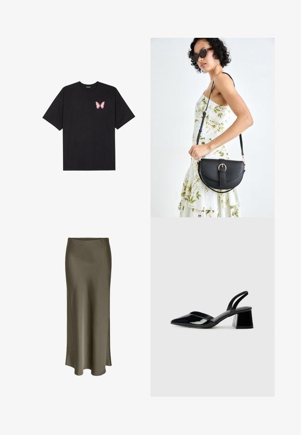 Svart bomulls T-skjorte med korte ermer, med en liten rosa sommerfugl grafikk på venstre bryst. Crew-neck design med en avslappet passform.; Lang olivengrønn skjørt laget av glatt, skinnende stoff, med sidelåsing og en myk, flytende design som henger elegant.; Svarte patentlær slingback hæler med spiss tå og geometrisk blokk hæl. Har et stilrent, minimalistisk design og jevn tekstur.; Svart lærveske med en buet form, avtagbar stropp og gullbeslag. Vesken har et klaff med spenne-detall.