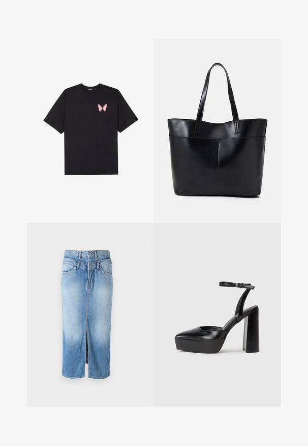 T-shirt de algodão preto com mangas curtas, apresentando um pequeno gráfico de borboleta rosa no lado esquerdo do peito. Design de gola redonda com um corte solto.; Saia de ganga azul clara com uma fenda frontal, fecho de dois botões, cintura alta e um design padrão de cinco bolsos. Textura suave, de comprimento médio.; Saltos altos pretos com bico fino e atilho ajustável no tornozelo. Confeccionados em couro suave, apresentam um salto bloco robusto.; Bolsa tote preta em couro com duas alças longas, textura suave e forma estruturada. Apresenta um bolso frontal para armazenamento adicional.
