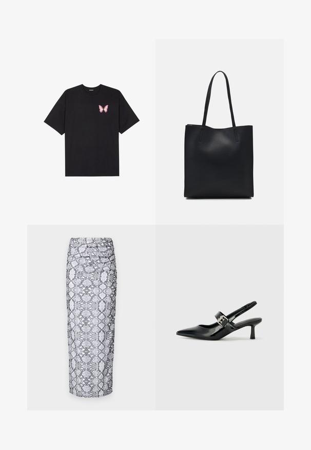 Juodas medvilnės marškinėliai trumpomis rankovėmis, su maža rožine drugelio grafika kairėje krūtinės pusėje. Apvalus kaklo iškirpimas, laisvas kirpimas.; Juoda ir balta midi sijonas, pasižymintis prigludusia siluetu ir susiraukšlėjusia tekstūra šoninėse dalyse. Lygus audinio paviršius.; Juodai lakuoti slingback aukštakulniai su smailiu kojų pirštu ir mažais blokiniais kulniukais, su sidabro sagtimi ant dirželio.; Juodas odinis tote krepšys su lygia tekstūra, stačiakampio formos ir dviem ilgais rankenomis. Matomų metalinių detalių ar puošybos nėra.