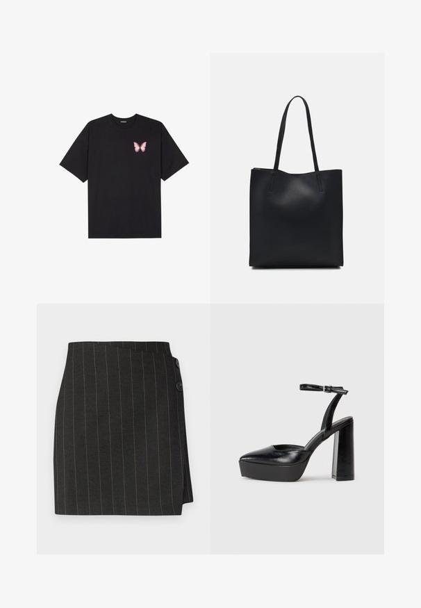 Must muströöpidega must puuvillane T-särk, vasakul rinnal on väike roosa liblikas. Ümar kaelus ja vabalt istuv lõige.; Mustrite sääreline seelik, mis on kohandatud sobivuse ja asymmeetrilise mähisdisainiga, kahel nööbil vööl sulgemiseks.; Mustad platvormi kontsad terava ninaga ja reguleeritava pahkluuraamiga. Valmistatud siledast nahast, funktsioneerib massiivse plokknäheeliga.; Mustast nahast kott sujuva tekstuuriga, ristkülikukujuline ja kahe pika sangaga. Pole nähtavat riistvara ega kaunistusi.