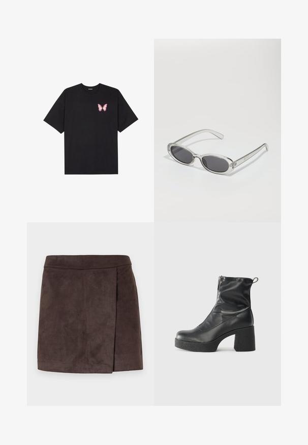 Svart bomullströja med korta ärmar, med en liten rosa fjärilsgrafik på vänster bröst. Rundad halsdesign med en avslappnad passform.; Brun faux suede minikjol med en slät yta, som har en sidofållsdetalj, rak fåll och en figurnära midja.; Svarta ankelstövlar i slitstark läder, med sidodragkedja, kraftig strukturerad klack och rundad tådesign.; Sunglasses med oval form, klar plastbygel, mörkgrå linser och tunna genomskinliga armar med logotypsaccent och minimalt detaljerad design.