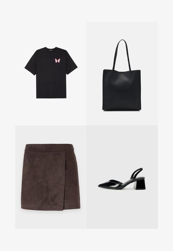 Sort bomulds T-shirt med korte ærmer, prydet med en lille pink sommerfugl grafik på venstre bryst. Rund hals design med en afslappet pasform.; Brun faux suede mini nederdel med en glat tekstur, der har en sidesfold detalje, lige vidde nederst og en tætsiddende talje.; Sorte patentlæder slingback hæle med spids tå og en geometrisk blok hæl. Har et elegant, minimalistisk design og en glat tekstur.; Sort læder tote taske med glat tekstur, rektangulær form og to lange hanke. Ingen synlig hardware eller udsmykninger.