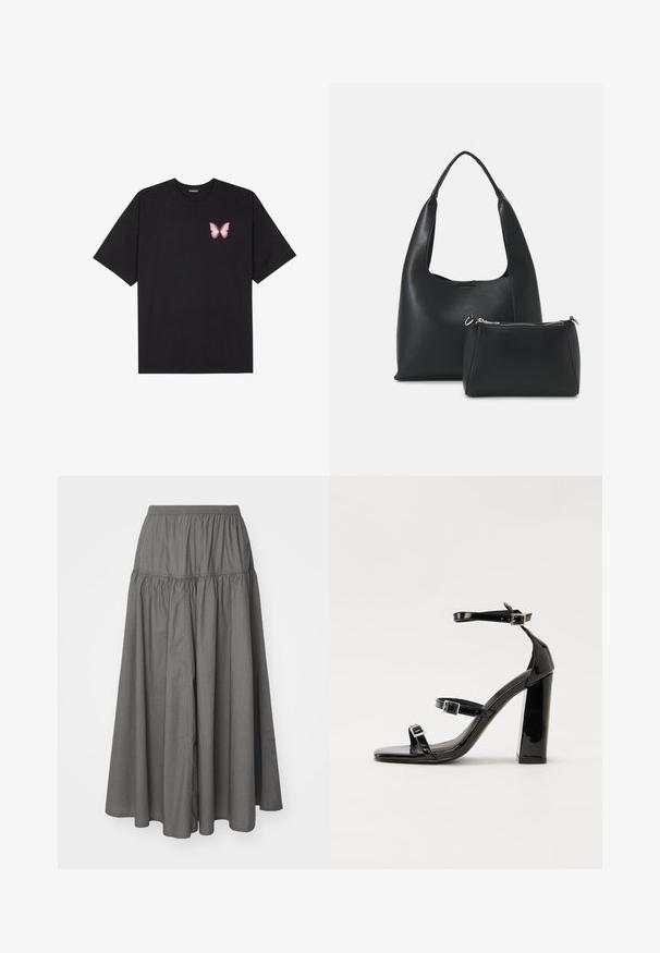Schwarzes Baumwoll-T-Shirt mit kurzen Ärmeln, das ein kleines pinkes Schmetterlingsmotiv auf der linken Brust zeigt. Crewneck-Design mit einem entspannten Schnitt.; Weekday SKIRT - Maxirock - dark mole; Schwarze patentierte Sandalen mit Absatz, quadratischer Spitze, Knöchelriemen und silbernen Schnallen. Mit einem stabilen Blockabsatz für mehr Stabilität.; Even&Odd Handtasche - black