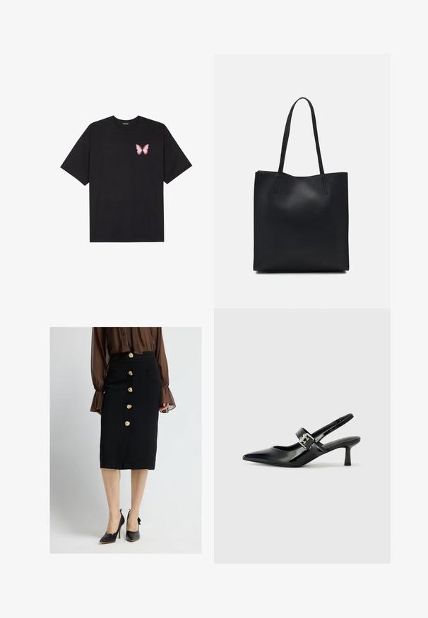 T-shirt en coton noir à manches courtes, avec un petit graphique de papillon rose sur la poitrine gauche. Modèle à col rond avec une coupe décontractée.; Jupe crayon noire avec une fente latérale, ornée de six boutons floraux dorés et dotée de poches avant ; associée à des chaussures à talons hauts noires.; Escarpins slingback en cuir verni noir avec un bout pointu et un petit talon bloc, mettant en avant un accent en boucle argentée sur la sangle.; Sac fourre-tout en cuir noir avec une texture lisse, de forme rectangulaire et deux longues poignées. Pas de matériel ou d'ornementations visibles.
