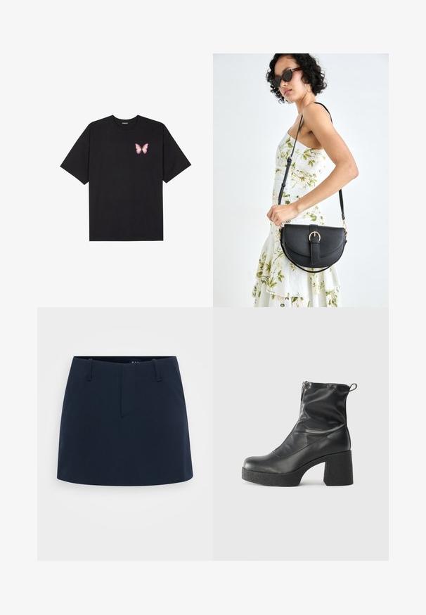 Musta puuvillapaita lyhyillä hihoilla, jossa on pieni vaaleanpunainen perhosgrafiikka vasemmassa rinnassa. Pyöreä kaula-aukko ja rento istuvuus.; Sininen hame, jossa on tiukka muotoilu, litteä etuosa, vyölenkit ja ei näkyviä taskuja. Valmistettu tekstuurikankaasta.; Mustat nilkkurit, jotka on valmistettu sileästä nahasta. Niissä on sivuvetoketju, paksu teksturoitu korko ja pyöristetty kärki.; Musta nahkainen käsilaukku, joka on kaareva muotoilultaan, irrotettavalla hihnalla ja kultaisilla yksityiskohdilla. Laukussa on läppä, jossa on solk yksityiskohta.