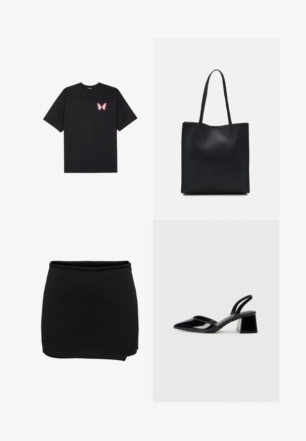 Juodas medvilnės marškinėliai trumpomis rankovėmis, su maža rožine drugelio grafika kairėje krūtinės pusėje. Apvalus kaklo iškirpimas, laisvas kirpimas.; Juoda sijonas su elastinga juostele, turintis pridengimo dizainą. Pagamintas iš lygaus audinio, turi paprastą, švarią siluetą. Be papildomų detalių.; Juodos lakuotos odinės šlepetės su smailiu pirštu ir geometriniu bloko kulnu. Turi elegantišką, minimalistinį dizainą ir lygų paviršių.; Juodas odinis tote krepšys su lygia tekstūra, stačiakampio formos ir dviem ilgais rankenomis. Matomų metalinių detalių ar puošybos nėra.