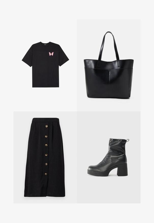 Schwarzes Baumwoll-T-Shirt mit kurzen Ärmeln, das ein kleines pinkes Schmetterlingsmotiv auf der linken Brust zeigt. Crewneck-Design mit einem entspannten Schnitt.; Schwarze Midirock aus strukturiertem Stoff, mit einer Frontknopfleiste mit fünf bronzefarbenen Knöpfen und geradem Schnitt.; Schwarze Stiefeletten aus glattem Leder mit seitlichem Reißverschluss, klobigem strukturiertem Absatz und runder Zehenform.; Schwarze Leder-Shopper-Tasche mit zwei langen Griffen, einer glatten Textur und einer strukturierten Form. Verfügt über eine Vordertasche für zusätzlichen Stauraum.