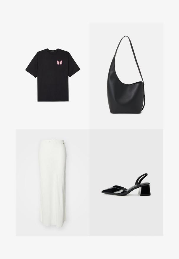Czarny bawełniany t-shirt z krótkim rękawem, z małym różowym motylkiem na lewej piersi. Klasyczny dekolt z luźnym fasonem.; Biała długa spódnica wykonana z lekkiego materiału o gładkiej teksturze, z elastycznym paskiem w talii i sznurkiem do regulacji.; Czarne lakierowane półbuty na obcasie z wydłużonym noskiem i geometrycznym słupkiem. Charakteryzują się eleganckim, minimalistycznym designem oraz gładką fakturą.; Czarna skórzana torba hobo o gładkiej fakturze, zaokrąglonym kształcie i pojedynczym, regulowanym pasku; posiada szerokie otwarcie na górze.