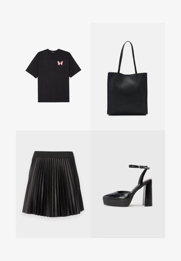 T-shirt de algodão preto com mangas curtas, apresentando um pequeno gráfico de borboleta rosa no lado esquerdo do peito. Design de gola redonda com um corte solto.; Saia plissada preta com uma cintura larga e elástica e uma textura suave e brilhante por todo o tecido.; Saltos altos pretos com bico fino e atilho ajustável no tornozelo. Confeccionados em couro suave, apresentam um salto bloco robusto.; Bolsa tote preta em couro com textura lisa, forma retangular e duas alças longas. Sem hardware ou enfeites visíveis.