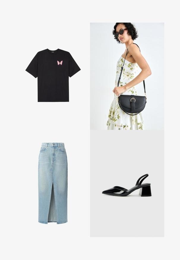 Černé bavlněné tričko s krátkým rukávem, na levém prsou s malou grafikou růžové motýlky. Design s kruhovým výstřihem a volným střihem.; Světle modrá džínová sukně se předním rozparkem, pěti kapsami a poutky na pásek. Vyrobena z bavlny s hladkou texturou a mírným vyblednutím.; Černé lakované kožené lodičky na pásku s špičatou špičkou a geometrickým blokovým podpatkem. Vyznačují se elegantním, minimalistickým designem a hladkým povrchem.; Černá kožená kabelka s křivkovým tvarem, odnímatelným popruhem a zlatými detaily. Kabelka má klopu s přezkou.