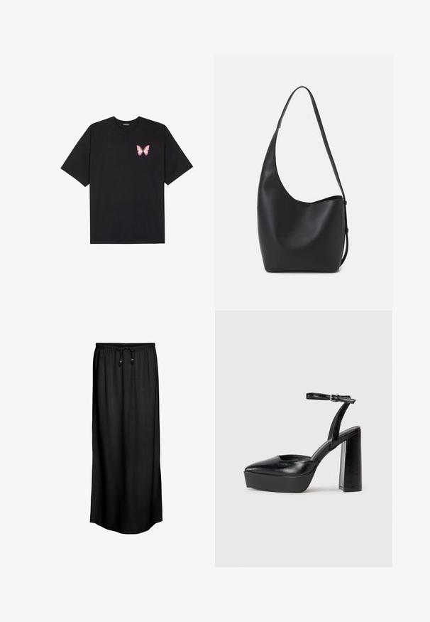 Črna bombažna majica s kratkimi rokavi, ki ima majhen roza metuljček na levi strani prsnega dela. Majica s krožnim ovratnikom in sproščenim krojem.; Črna maxi krila z vrvico v pasu in dvema lesenima zapiralkama, ki se ponaša z gladkim, lahkim materialom in preprosto, ravno zasnovo.; Črne platforme z visokimi petami in koničastim nosom ter nastavljivim gležnjenjskim trakom. Narejene iz gladke usnje, s kockasto peto.; Črna usnjena hobo torba z gladko teksturo, ukrivljeno obliko in eno nastavljivo naramnico; ima širok odprtina na vrhu.