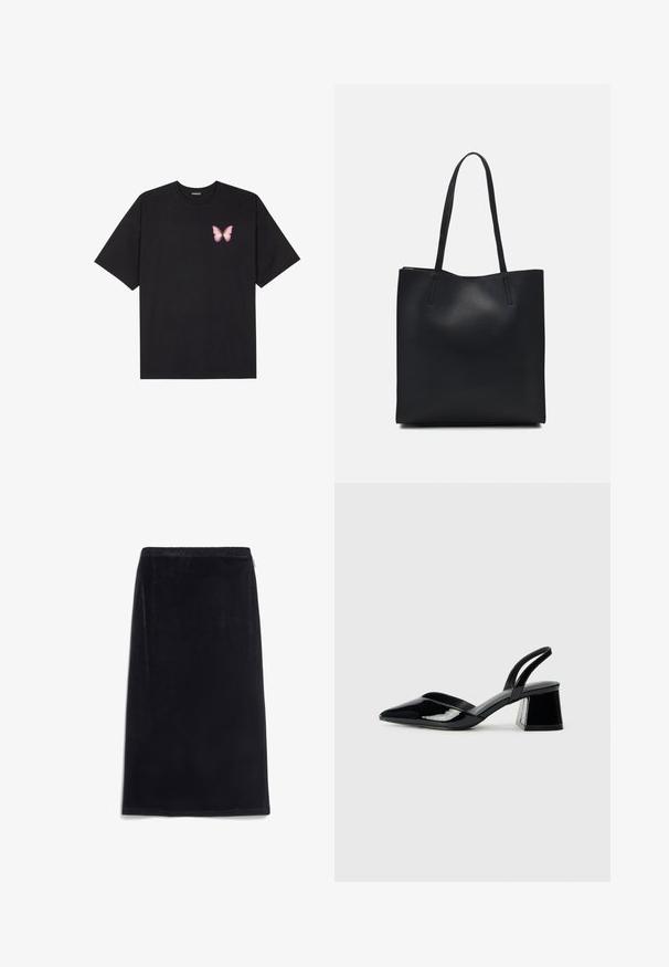 Schwarzes Baumwoll-T-Shirt mit kurzen Ärmeln, das ein kleines pinkes Schmetterlingsmotiv auf der linken Brust zeigt. Crewneck-Design mit einem entspannten Schnitt.; Samt schwarzer Midirock mit glatter Textur, elastischem Bund und einfachem Design. Keine sichtbaren Muster oder Hardware-Details.; Schwarze Lackleder-Slingback-High Heels mit spitzem Schuh und einem geometrischen Blockabsatz. Verfügt über ein schlankes, minimalistisches Design und eine glatte Textur.; Schwarze Laptoptasche aus Leder mit glatter Textur, rechteckiger Form und zwei langen Griffen. Keine sichtbaren Beschläge oder Verzierungen.