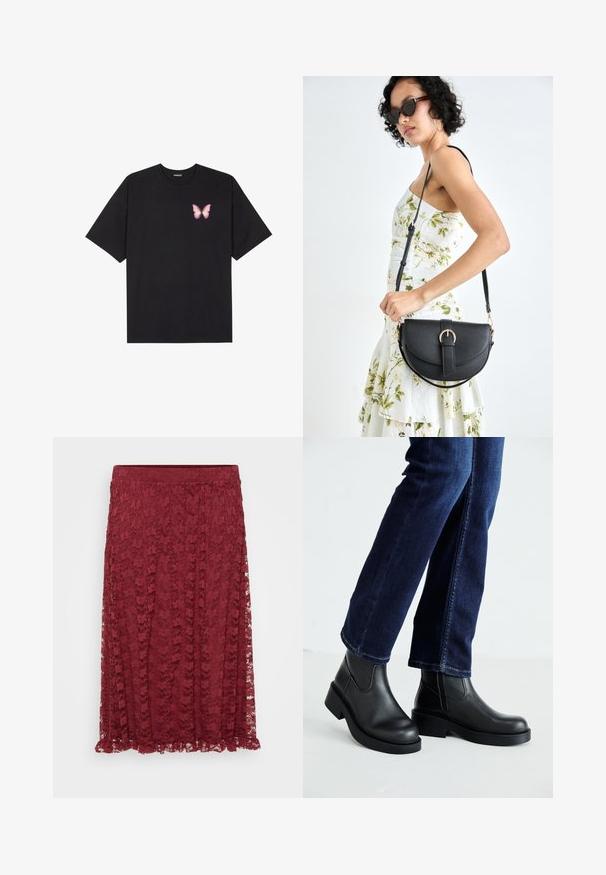 Svart bomulls T-skjorte med korte ermer, med en liten rosa sommerfugl grafikk på venstre bryst. Crew-neck design med en avslappet passform.; Burgunderfarget blondeskjørt med blomsterdesign, semi-gjennomsiktig stoff og volangkant. En elastisk midje gir komfort og fleksibilitet.; Sorte lær ankelsko med en kraftig såle og elastiske paneler på siden, kombinert med mørkeblå jeans. Underlaget er lyst.; Svart lærveske med en buet form, avtagbar stropp og gullbeslag. Vesken har et klaff med spenne-detall.