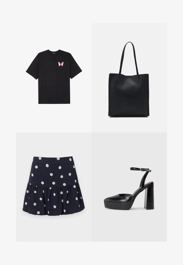 Tricou negru din bumbac cu mâneci scurte, având pe partea stângă a pieptului un mic grafic cu un fluture roz. Design cu guler rotund și croială lejeră.; Fustă skater de culoare albastru marin, confecționată dintr-un material ușor, cu un tiv evazat. Are buline albe mari și o talie elastică.; Pantofi cu toc platformă negri, cu vârful ascuțit și curea reglabilă la gleznă. Confecționați din piele netedă, având un toc gros.; Geantă tote neagră din piele, cu textură netedă, formă rectangulară și două mânere lungi. Fără hardware vizibil sau ornamente.