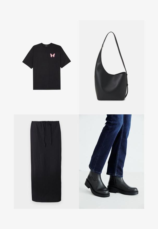 T-shirt en coton noir à manches courtes, avec un petit graphique de papillon rose sur la poitrine gauche. Modèle à col rond avec une coupe décontractée.; Jupe noire, longueur cheville en tissu doux ; dotée d'une taille élastique avec un cordon de serrage pour un ajustement réglable. Design simple et uni.; Bottines en cuir noir avec une semelle épaisse et des panneaux élastiques sur les côtés, associées à un jean bleu foncé. Le sol est de couleur claire.; Sac hobo en cuir noir avec une texture lisse, une forme incurvée et une seule sangle réglable ; dispose d'une large ouverture en haut.