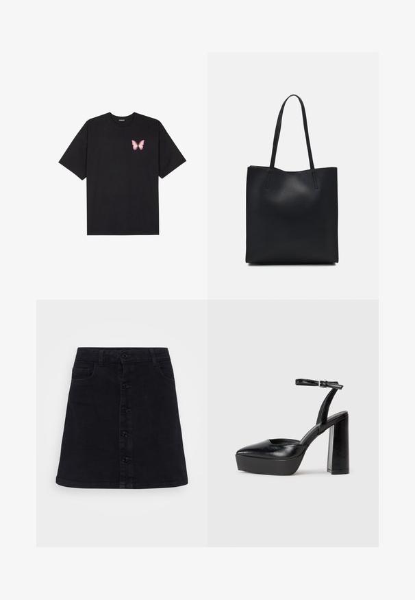 T-shirt de algodão preto com mangas curtas, apresentando um pequeno gráfico de borboleta rosa no lado esquerdo do peito. Design de gola redonda com um corte solto.; Saia de ganga preta com corte reto, apresentando um fecho frontal com botões, dois bolsos laterais e uma textura suave.; Saltos altos pretos com bico fino e atilho ajustável no tornozelo. Confeccionados em couro suave, apresentam um salto bloco robusto.; Bolsa tote preta em couro com textura lisa, forma retangular e duas alças longas. Sem hardware ou enfeites visíveis.